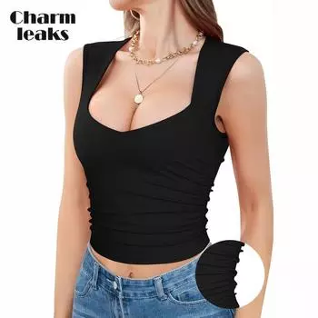 CHARMLEAKS Укороченный топ на бретельках со встроенными бюстгальтерами для женщин, летний укороченный топ с квадратным воротником, повседневные базовые топы для йоги