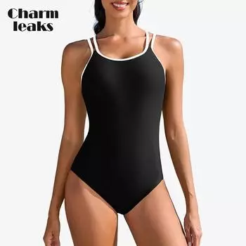 Charmleaks Women s One Piece Swimsuits Athletic Double Straps Slimming Bathing Suit Sports Swimwear S чёрный