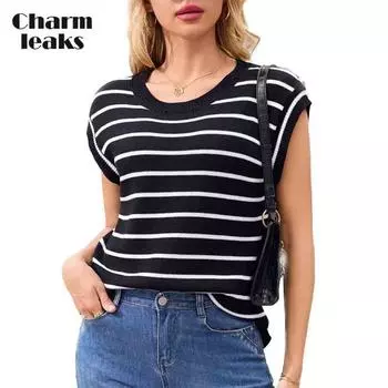 Charmleaks Женский свитер-жилет с воротником-стойкой, свободные свитера, безрукавки, повседневные трикотажные хлопковые майки с короткими рукавами S белый