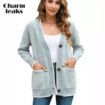 Charmleaks женский кардиган с длинным рукавом, открытое пальто спереди, женский стиль, застежка на пуговицы, V-образный вырез, повседневный вязаный свитер M розовый
