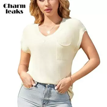 CHARMLEAKS Женские летние свитера с V-образным вырезом, вязаные крючком, жилеты с карманами, короткие рукава, топы-пуловеры S бежевый