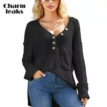 CHARMLEAKS Женские свитера с пуговицами, V-образным вырезом, длинными рукавами, топы с боковой вилкой, демонстрирующие вес L чёрный