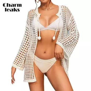 Charmleaks вязаный крючком женский ажурный купальник, накидка, пляжная одежда, накидки на бикини с длинными рукавами, свободные m белый
