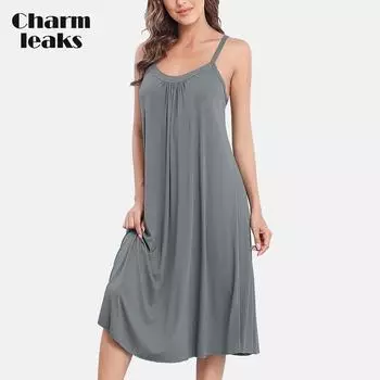 Charmleaks Женская цельная ночная рубашка с длинным круглым вырезом, мягкая модальная пижама, одежда для дома S синий