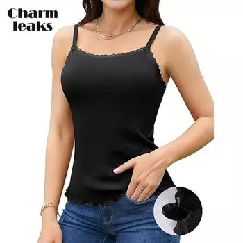CHARMLEAKS Женская кружевная майка со встроенным бюстгальтером, регулируемые бретельки-спагетти, майка-топ, салатовый подол, ребристая майка S белый