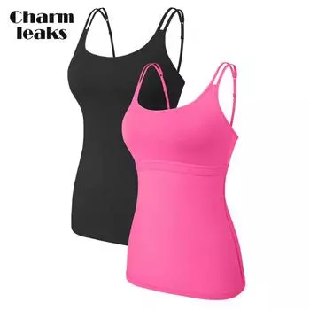 CHARMLEAKS Женская майка-бюстгальтер с регулируемыми двойными бретельками, майка-топ из хлопка для йоги, 2 шт. в упаковке S чёрный