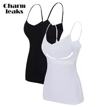 CHARMLEAKS Женская майка с V-образным вырезом и бюстгальтером-полкой, облегающие хлопковые топы-майки, рубашки-камильяры для многослойного ношения, 2 шт. в упаковке S