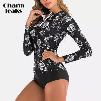 Charmleaks Женская одежда для серфинга, комплект из двух предметов, комплект для дайвинга, пляжный купальник, топ с длинными рукавами и принтом + комплект плавок