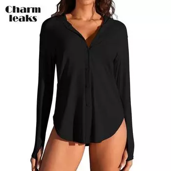 Charmleaks Женская Rash Guard UPF 50+ Защита от солнца Одежда на пуговицах SPF Толстовка с капюшоном Пляжные рубашки M чёрный