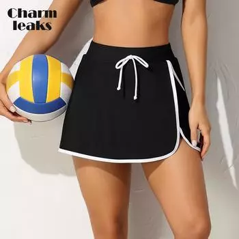 Charmleaks Женская юбка для плавания с высокой талией на шнурке и цветными блоками с карманами Танкини Низ бикини Пляжная одежда S чёрный