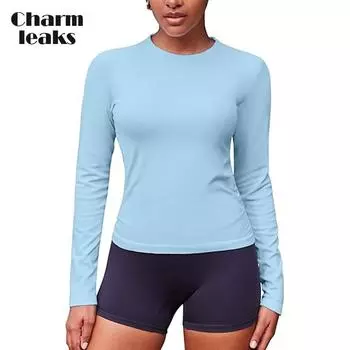 Charmleaks Женские бесшовные рубашки для тренировок Компрессионные рубашки с длинным рукавом Спортивные топы Бег Йога Рубашки со сборками S синий