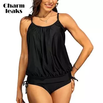 Charmleaks Женские блузоны Танкини Топы только свободного кроя Плавательный топ с овальным вырезом Купальники Верх с мягкой подкладкой Купальник Верх без низа M чёрный
