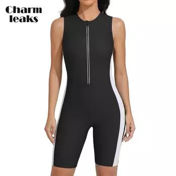 Charmleaks Женские цельные купальники Boyleg Спортивные купальные костюмы Цветные блоки Купальники на молнии S чёрный