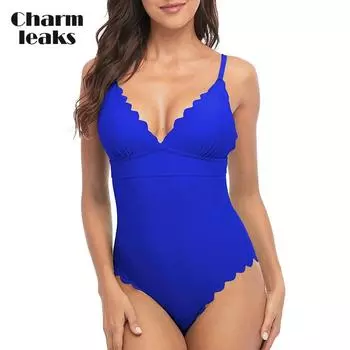 Charmleaks Женские цельные купальники с зубчатым вырезом и открытой спиной Монокини с V-образным вырезом Купальники XL ярко-синий