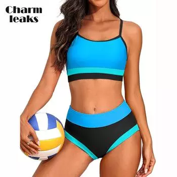 Charmleaks женские комплекты бикини с высокой талией спортивный цветной блок из двух предметов купальник с круглым вырезом купальные костюмы купальные костюмы M синий