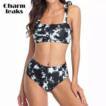 Charmleaks Женские комплекты купальников бикини из двух частей с высокой талией и принтом S чёрный