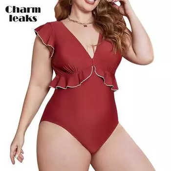 Charmleaks женские купальники больших размеров, сплошной цвет, цельные купальники, сексуальные монокини в стиле лотоса, купальные костюмы с глубоким v-образным вырезом, ажурные купальные костюмы 1XL красный