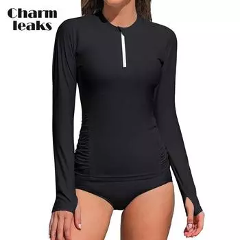 Charmleaks Женские купальники Rash Guard с длинным рукавом UV UPF 50+ Молния Плавки Быстросохнущие Солнцезащитные Рубашки S цвет морской волны