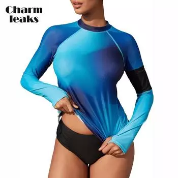 Charmleaks Женские рубашки-рашгарды Купальники с длинными рукавами UPF 50+ Рубашки для плавания Топ для походов с карманом на молнии с отверстием для большого пальца