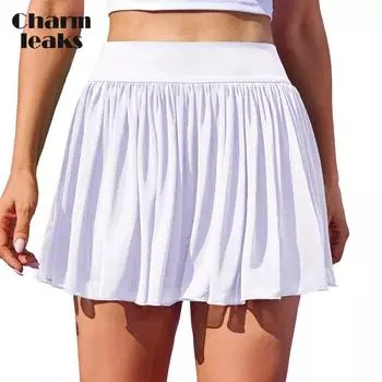 CHARMLEAKS Женские сетчатые теннисные юбки с высокой талией, юбка-шорты для гольфа, струящаяся юбка-шорты для пиклбола с шортами M белый