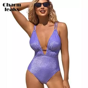 Charmleaks женские сексуальные цельные купальники с блестками с глубоким вырезом и v-образным вырезом на бретелях купальный костюм Монокини с вырезами S чёрный