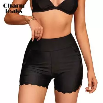 Charmleaks женские шорты для плавания с высокой талией и изогнутыми краями для тренировок, фитнеса, плавки, бикини, купальники, трусы, разделенные плавки M чёрный