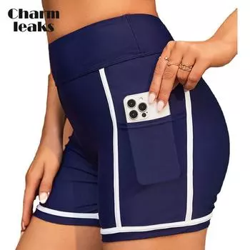 Charmleaks Женские спортивные плавки Женские шорты бикини для мальчиков Тонкие узкие шорты для плавания Сплошные цветные плавки с карманами M темно-синий