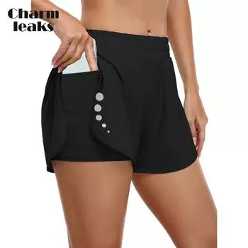 CHARMLEAKS Женские спортивные шорты для бега, шорты для тренировок в спортзале с высокой талией и скрытыми карманами XL чёрный