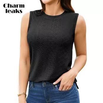 CHARMLEAKS Женские топы-майки со встроенным бюстгальтером, с высоким воротом, вышитыми люверсами, повседневные рубашки-майки S белый