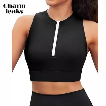 Charmleaks Женский бикини-топ с застежкой-молнией спереди, ребристый, с высоким воротом, спортивный купальный топ S синий