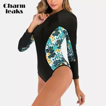 Charmleaks женский цельный комплект опрометчивых купальников, модная одежда для серфинга с длинными рукавами, купальник на молнии с принтом, пэчворк, защита от солнца