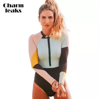 Charmleaks женский цельный купальник 2024 года с длинными рукавами, одежда для серфинга, цельный разноцветный купальник на молнии XL