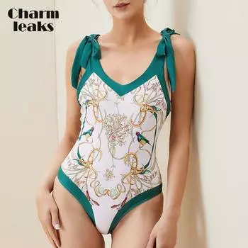 CHARMLEAKS Женский цельный купальник, модный принт, V-образный вырез, купальник, бретельки, купальный костюм S белый