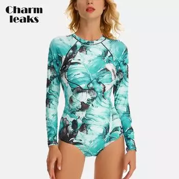 Charmleaks женский цельный купальник с длинными рукавами и круглым вырезом, костюм для серфинга, гидрокостюм, консервативный купальник с принтом S зелёный