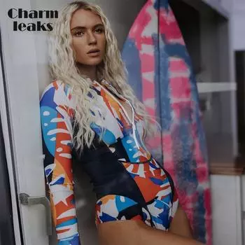 Charmleaks женский цельный купальник с длинным рукавом и молнией с принтом, треугольная одежда для купания, купальный костюм UPF 50+