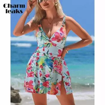 Charmleaks Женский цельный купальник с принтом и боковым разрезом Купальник с контролем живота и V-образным вырезом Купальники с рюшами Купальный костюм с юбкой S