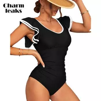 Charmleaks женский цельный купальник с V-образным вырезом, открытой спиной и рюшами, монокини с контролем живота, купальник M красный