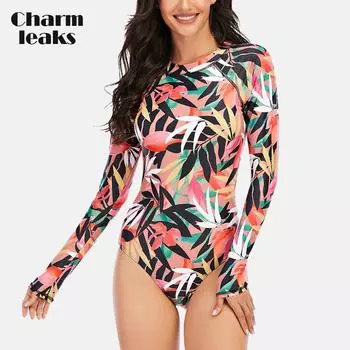 Charmleaks женский цельный купальник с длинными рукавами и принтом листьев, быстросохнущий купальник, рашгард, UPF50 + костюм для серфинга