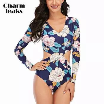 Charmleaks женский цельный купальник с v-образным вырезом и длинными рукавами на молнии UPF50 + гидрокостюм с принтом листьев консервативный купальник костюм для серфинга