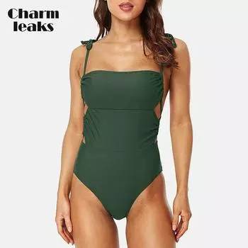 Charmleaks женский цельный купальник с плиссировкой на животе, однотонное модное монокини, купальник, пляжная одежда, костюм S зелёный