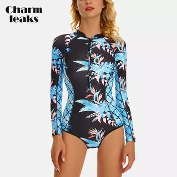 Charmleaks женский цельный купальник с длинными рукавами и молнией спереди, одежда для серфинга с принтом, консервативный купальник UPF 50+