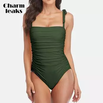 Charmleaks женский цельный купальник с квадратным вырезом Монокини без рукавов Купальник с оборками на животе Купальник M чёрный