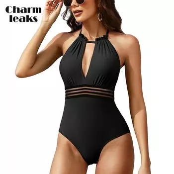 CHARMLEAKS Женский цельный купальник с контролем живота, купальный костюм с рюшами и монокини на бретельках, купальный костюм с бретельками M чёрный