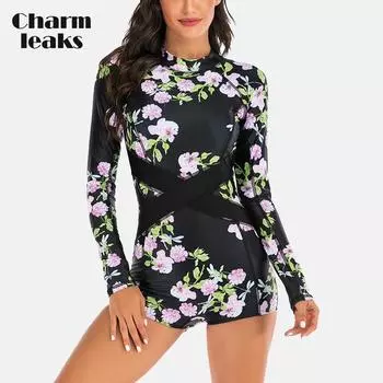 Charmleaks женский цельный купальник с длинными рукавами и принтом листьев, быстросохнущий купальник, консервативные боксеры, UPF50 + одежда для серфинга