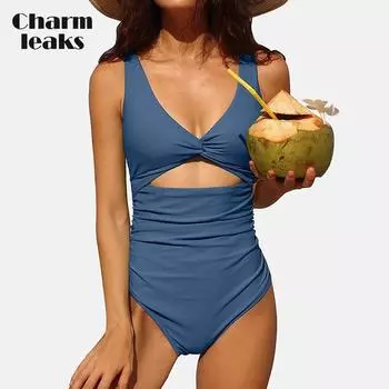 Charmleaks женский цельный купальник со складками на животе и высоким вырезом с открытой спиной, V-образным вырезом, монокини, однотонный купальник, пляжная одежда, размер S-XL S синий