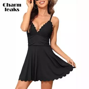 Charmleaks женский ребристый цельный купальник фестончатый купальник платье для купания с V-образным вырезом утягивающий купальник с юбкой S чёрный