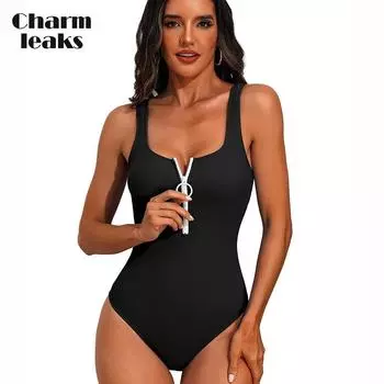 Charmleaks женский цельный купальник в рубчик с молнией спереди, купальный костюм с v-образным вырезом, спортивный купальник S синий