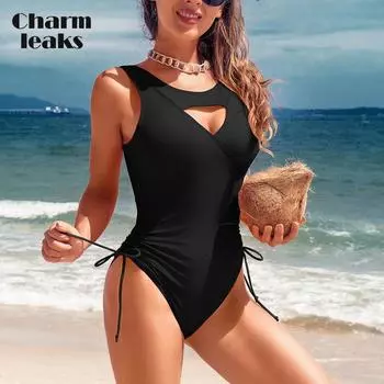 Charmleaks женский цельный модный купальник сексуальное ажурное монокини однотонный купальник с открытой спиной и высоким вырезом XL синий