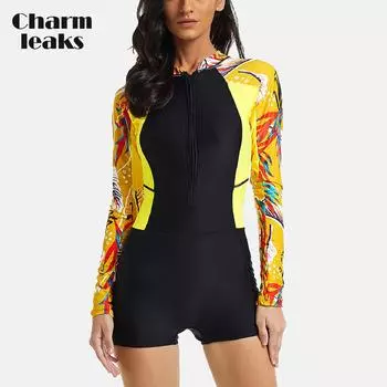 Charmleaks женский цельный рашгард с длинным рукавом на молнии, купальник для серфинга с принтом, купальник-боксер, одежда для плавания UPF 50+