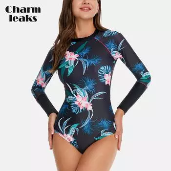 Charmleaks женский цельный рашгард с длинными рукавами, костюм для серфинга, купальник с принтом, гидрокостюм, сексуальная одежда для купания с открытой спиной, UPF 50+